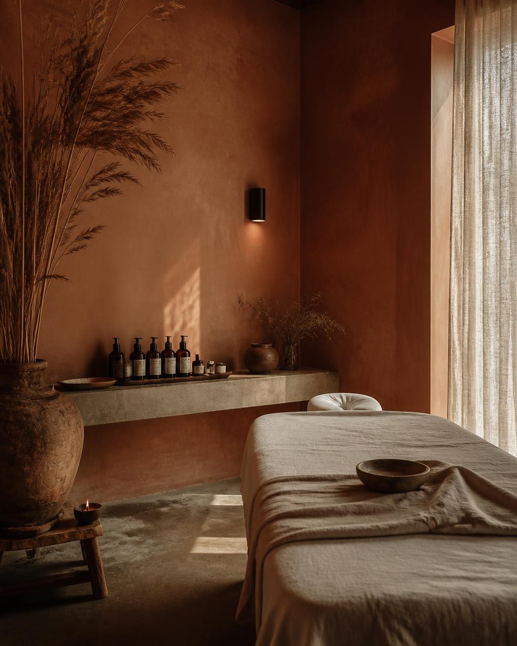 Terracotta-walled treatment room with a linen-dressed massage couch